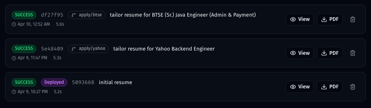 GitResume Dashboard showing builds from different branches