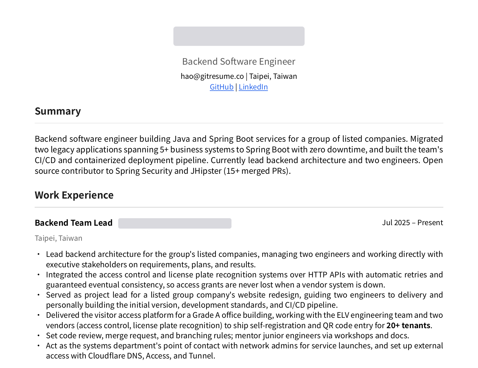 Top half of the tailored resume PDF built by GitResume, showing the summary and first work experience entry