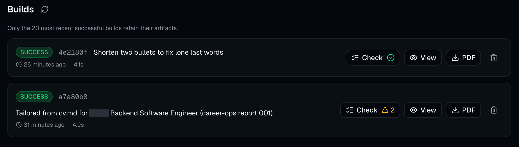 GitResume's build history: the first version's Check shows two reminders, and the fixed version passes