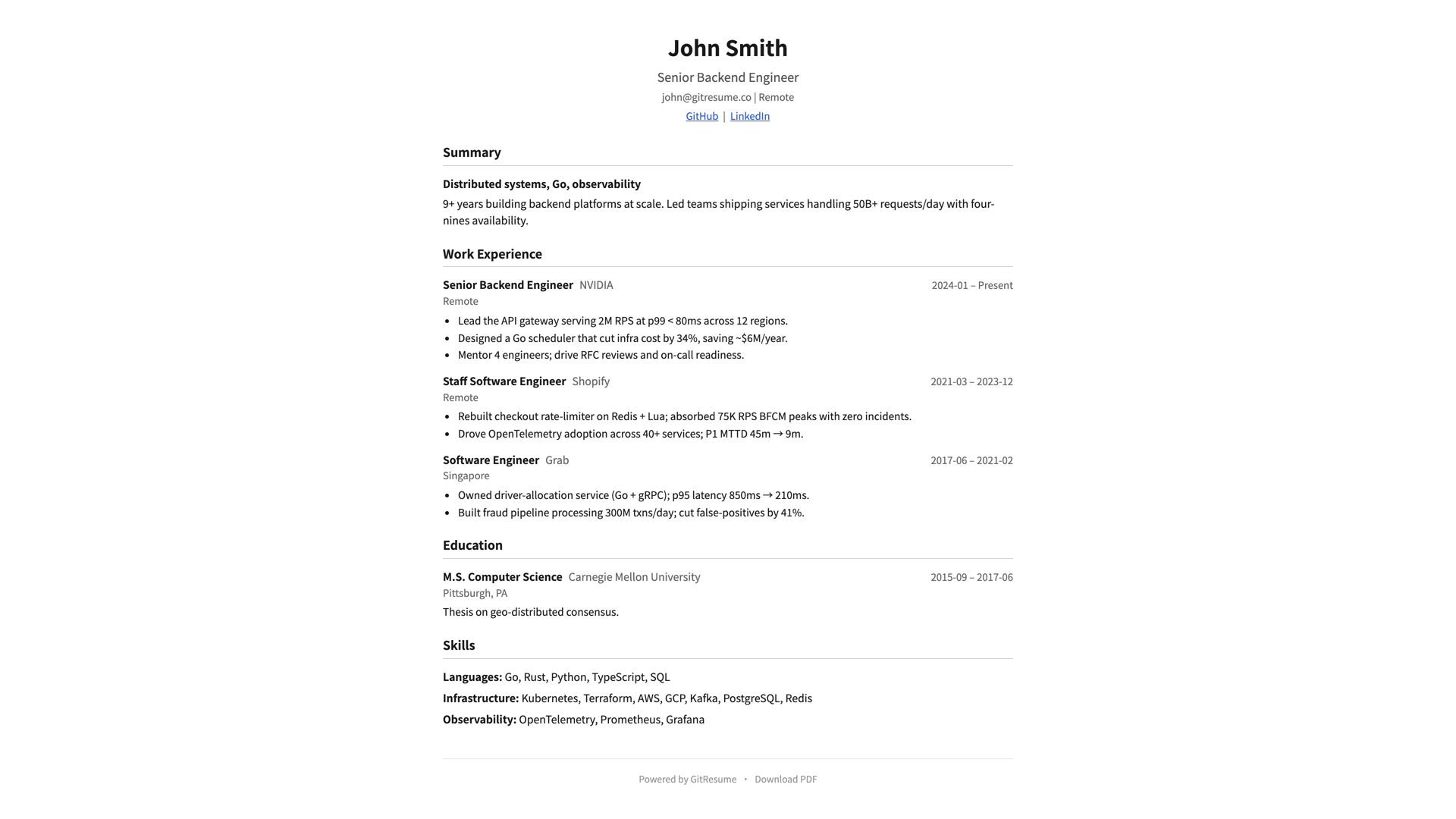 The web resume GitResume builds automatically: a clean single-column layout with summary, work experience, education, and skills