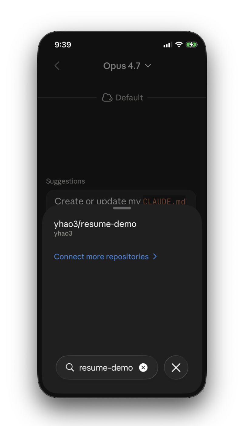 Claude Code showing yhao3/resume-demo connected