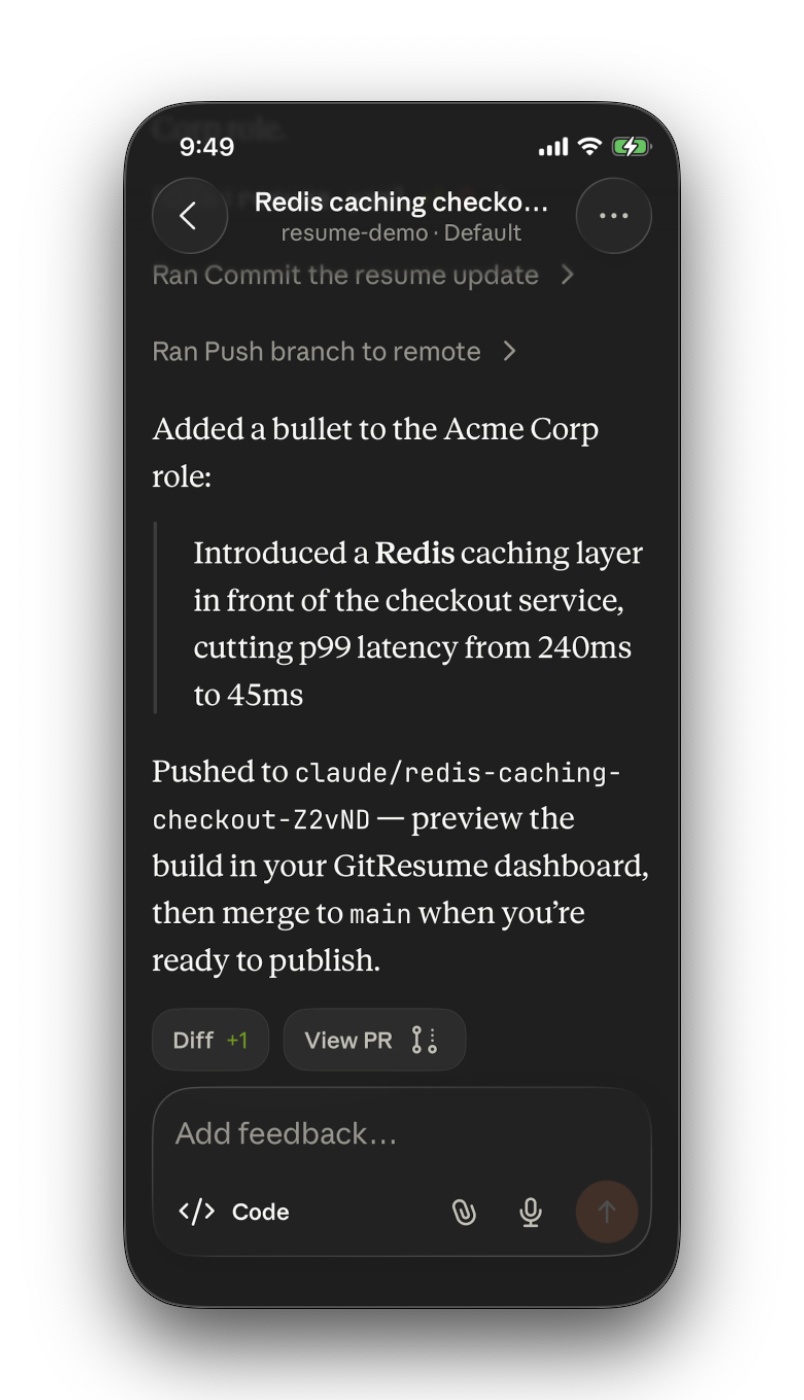 Claude Code chat showing the commit and push completed