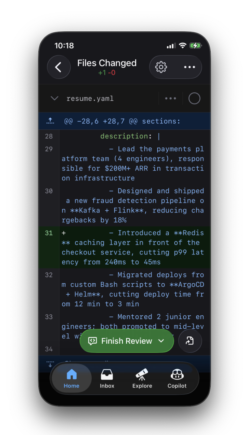 GitHub PR Files Changed view showing the resume.yaml diff