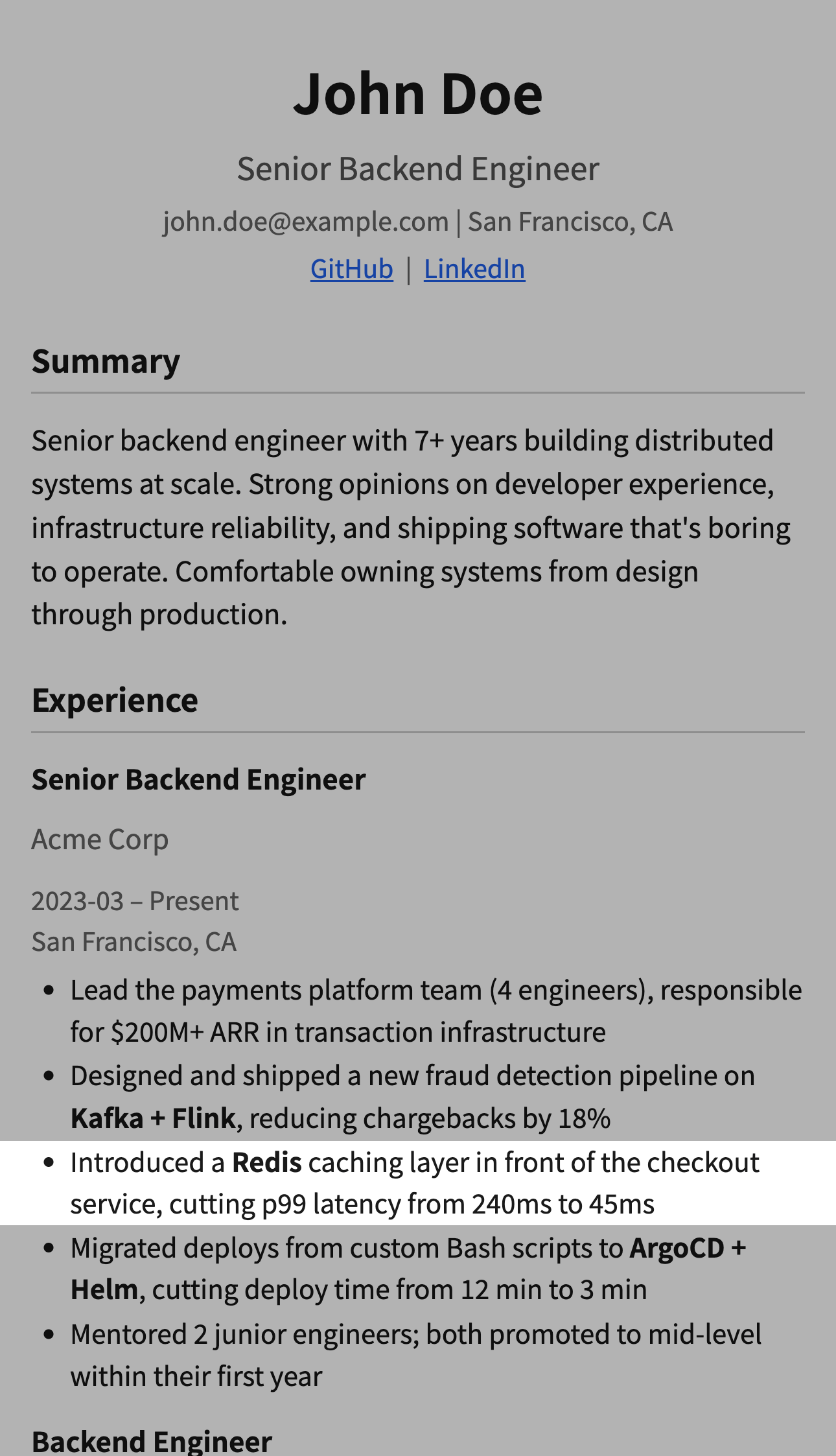 GitResume HTML resume preview with the new bullet visible