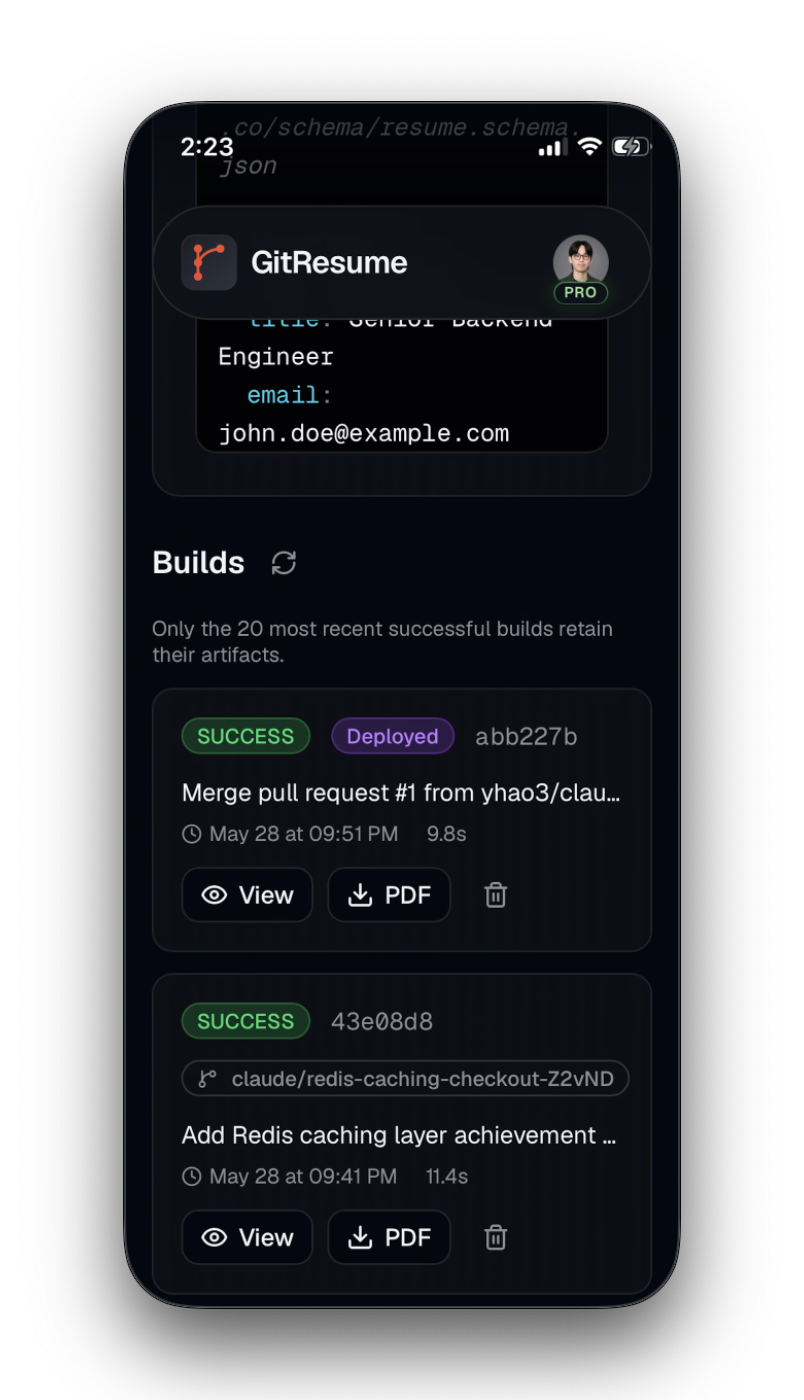 GitResume Builds list with the main branch marked as Deployed and the new content live