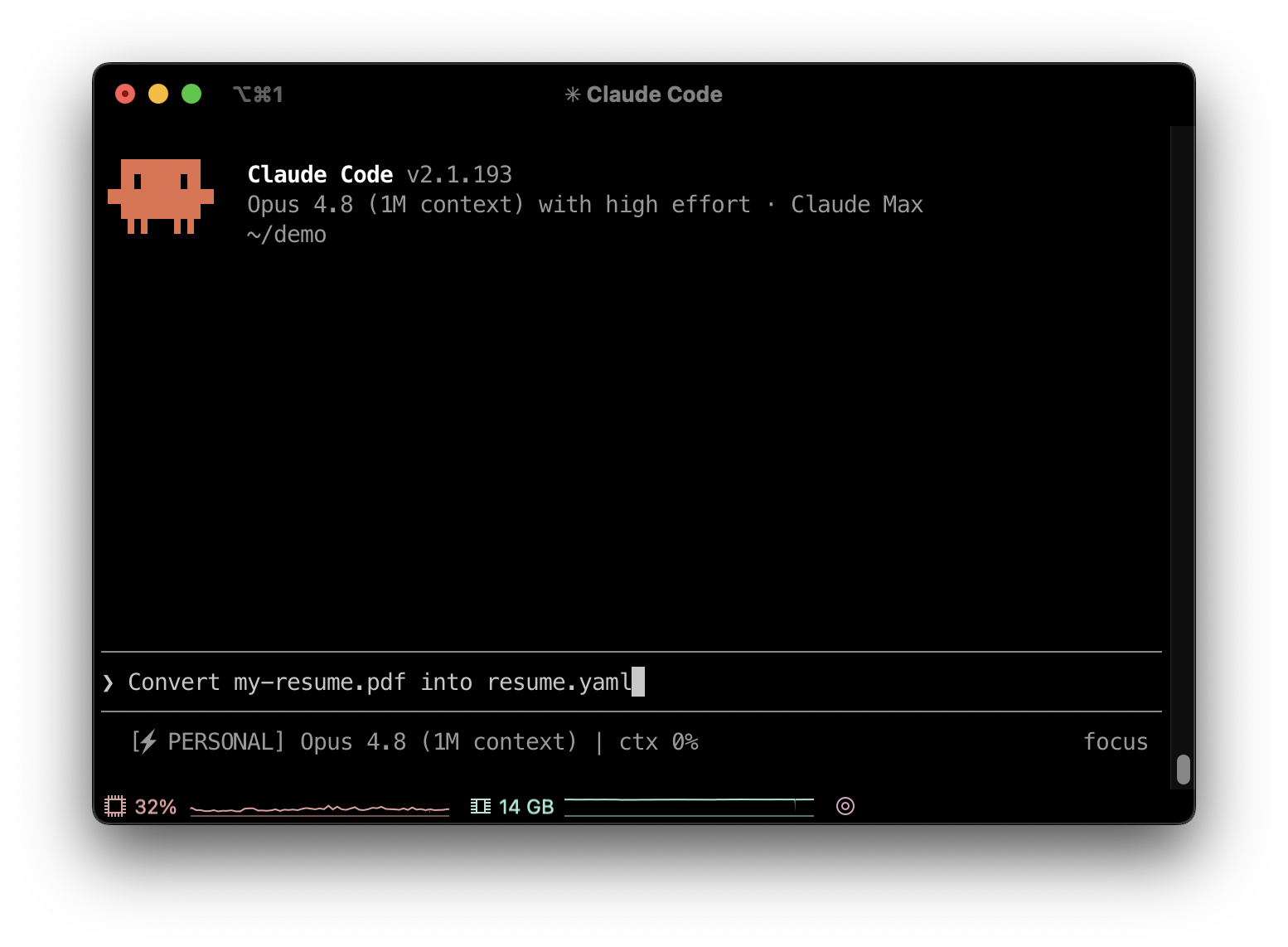 Typing the prompt 'Convert my-resume.pdf into gitresume.yaml' into the Claude Code terminal