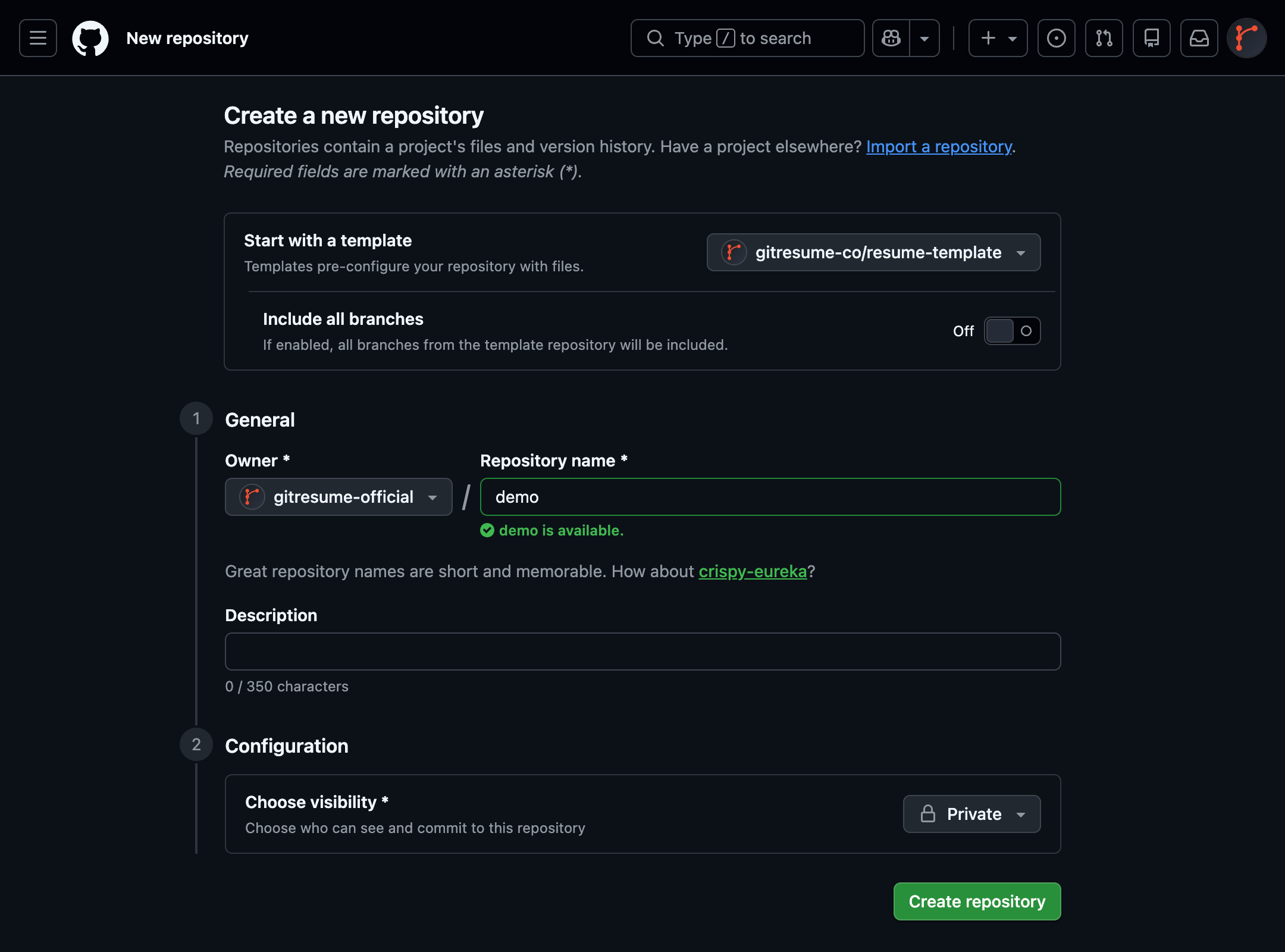GitHub's Create a new repository page, creating a new repo from the gitresume-co/resume-template template
