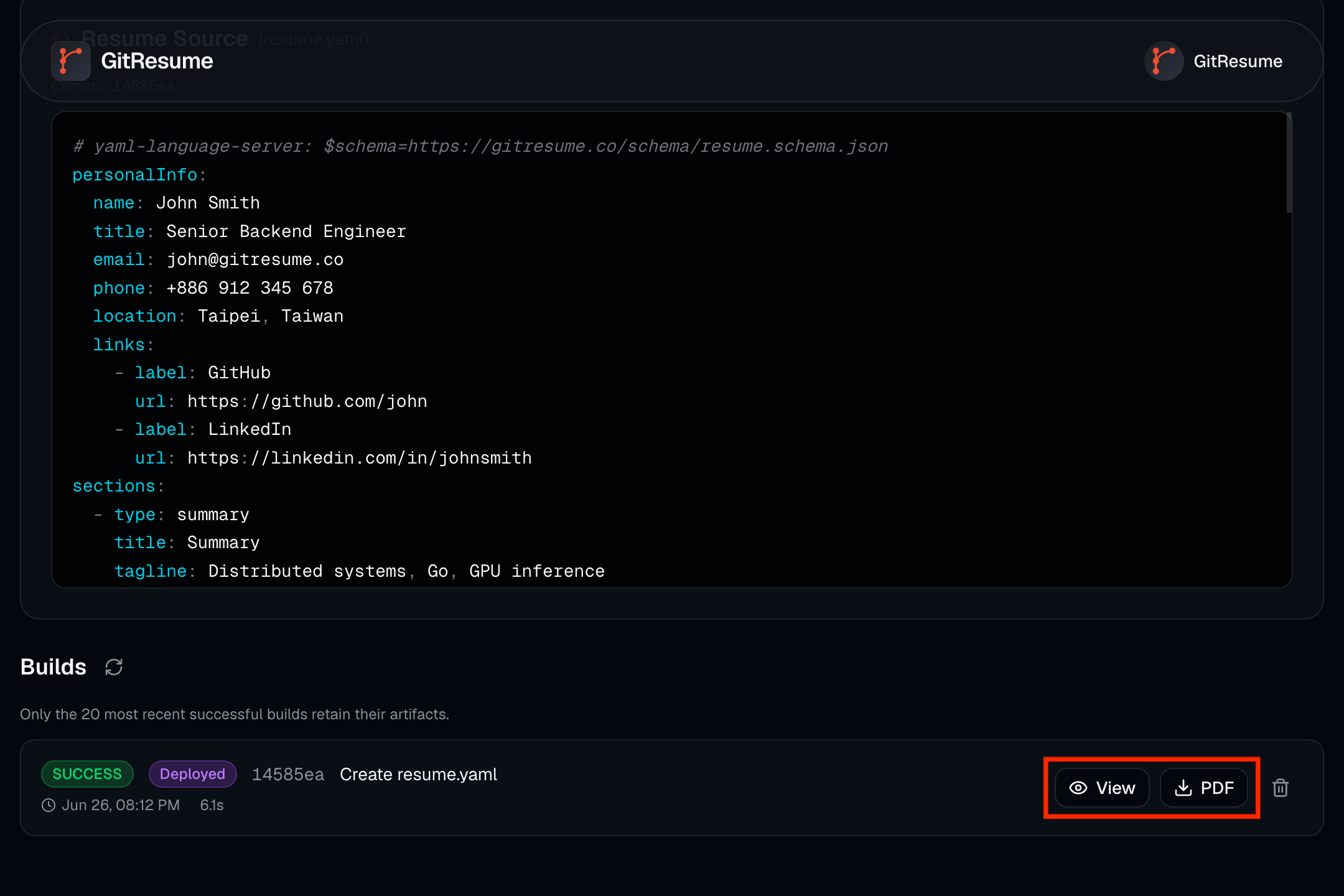 The GitResume project page, with the Builds section showing a Deployed build that can be previewed with View or downloaded as a PDF