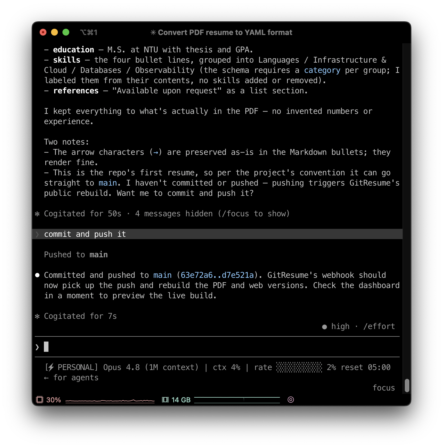 Claude Code having committed and pushed to main, with the GitResume webhook set to automatically rebuild the PDF and web page