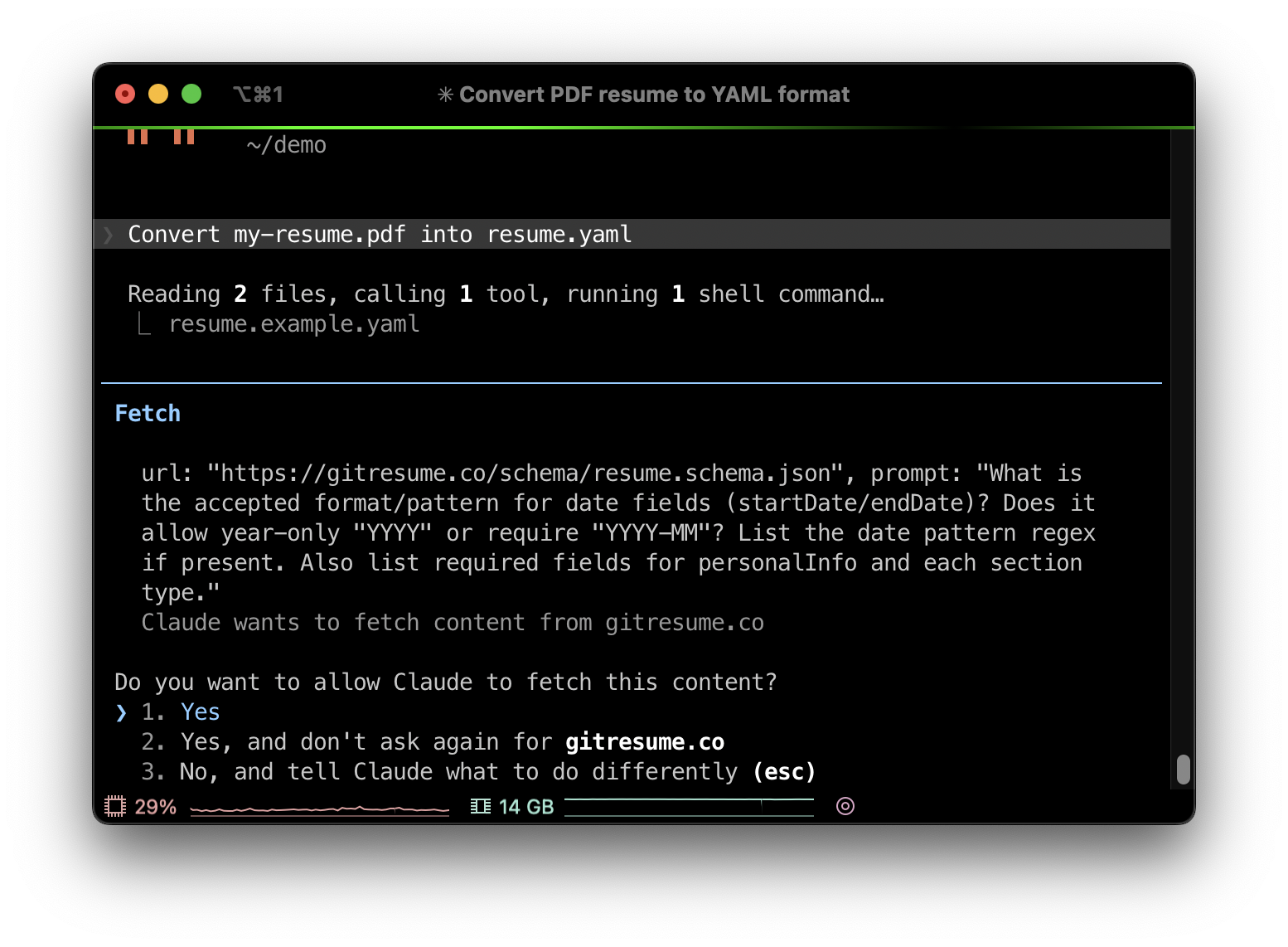Claude Code automatically reading the resume schema definition from gitresume.co/schema