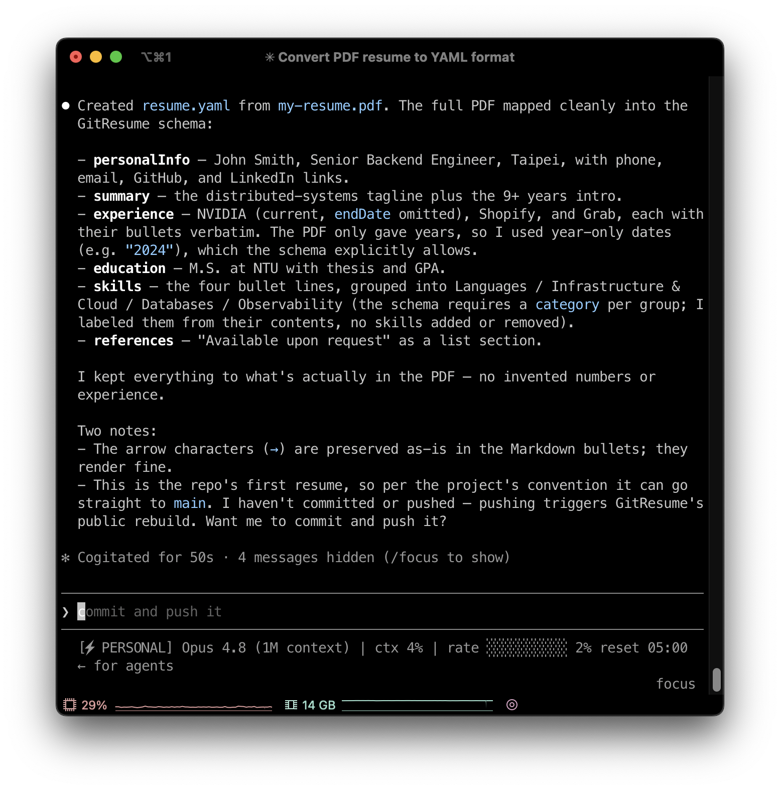 Claude Code reporting a summary of mapping the PDF content to the GitResume schema without fabricating numbers