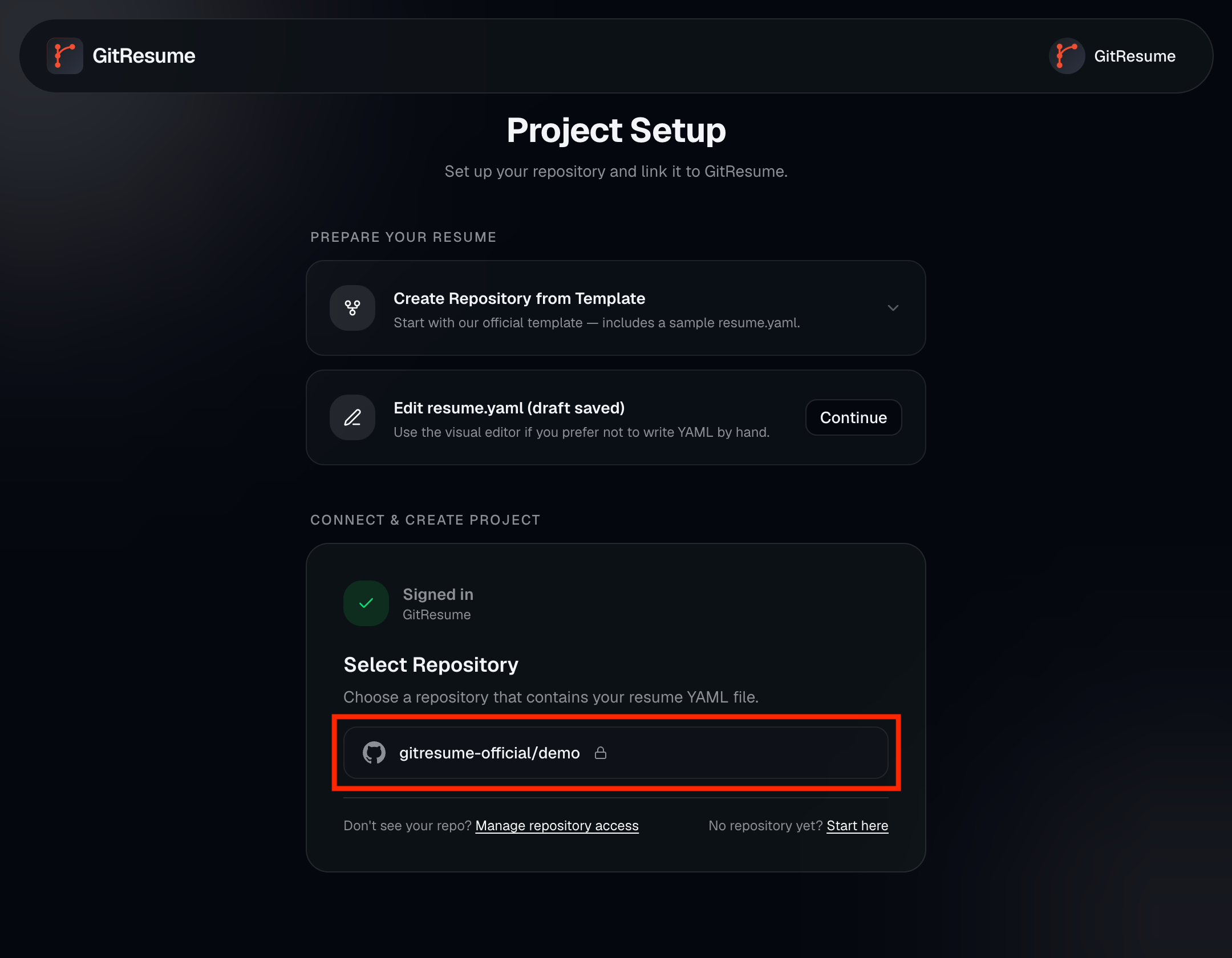 The Project Setup page after authorization, with the Connect & Create Project section listing selectable repositories