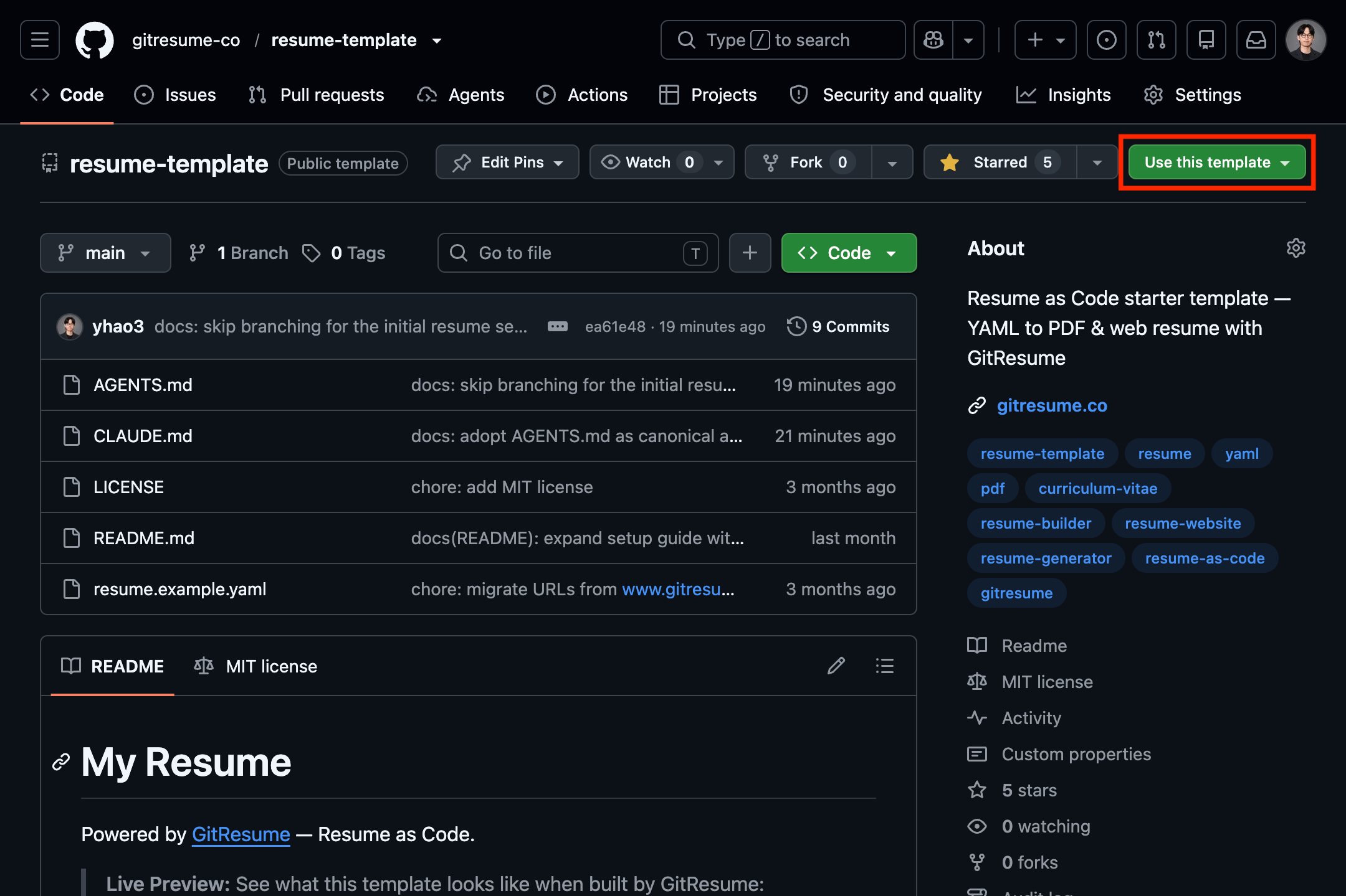 The gitresume-co/resume-template page on GitHub, with the Use this template button in the top right marked by a red arrow