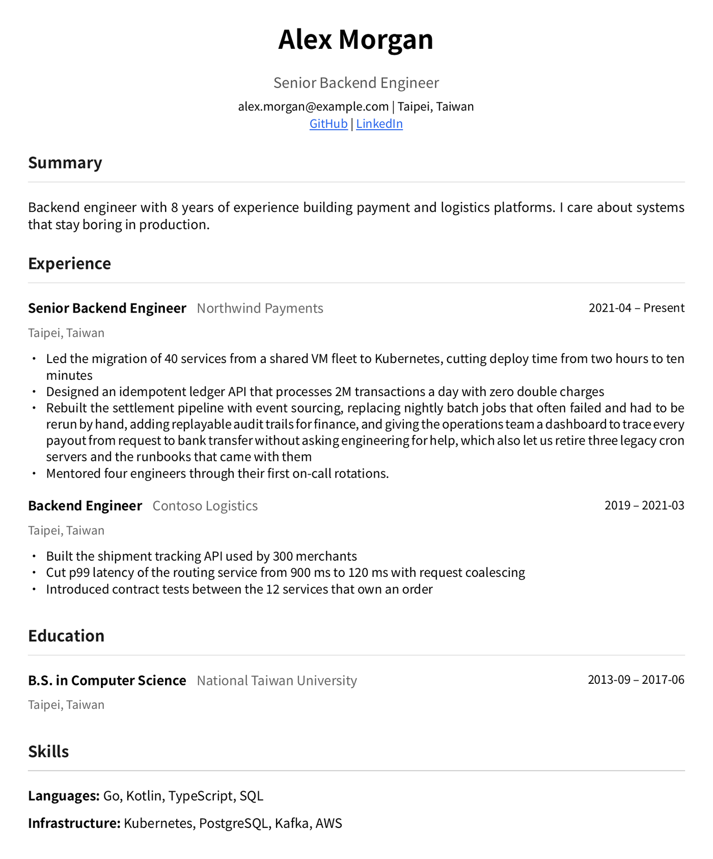 A sample backend engineer resume PDF with work experience, education, and skills sections