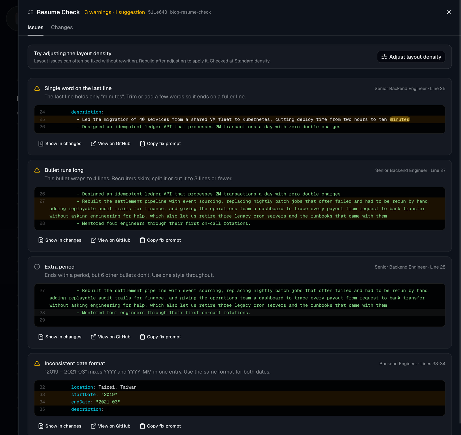 GitResume's Resume Check panel listing four reminders: single word on the last line, bullet runs long, extra period, and inconsistent date format, each with YAML line numbers and a highlighted code snippet