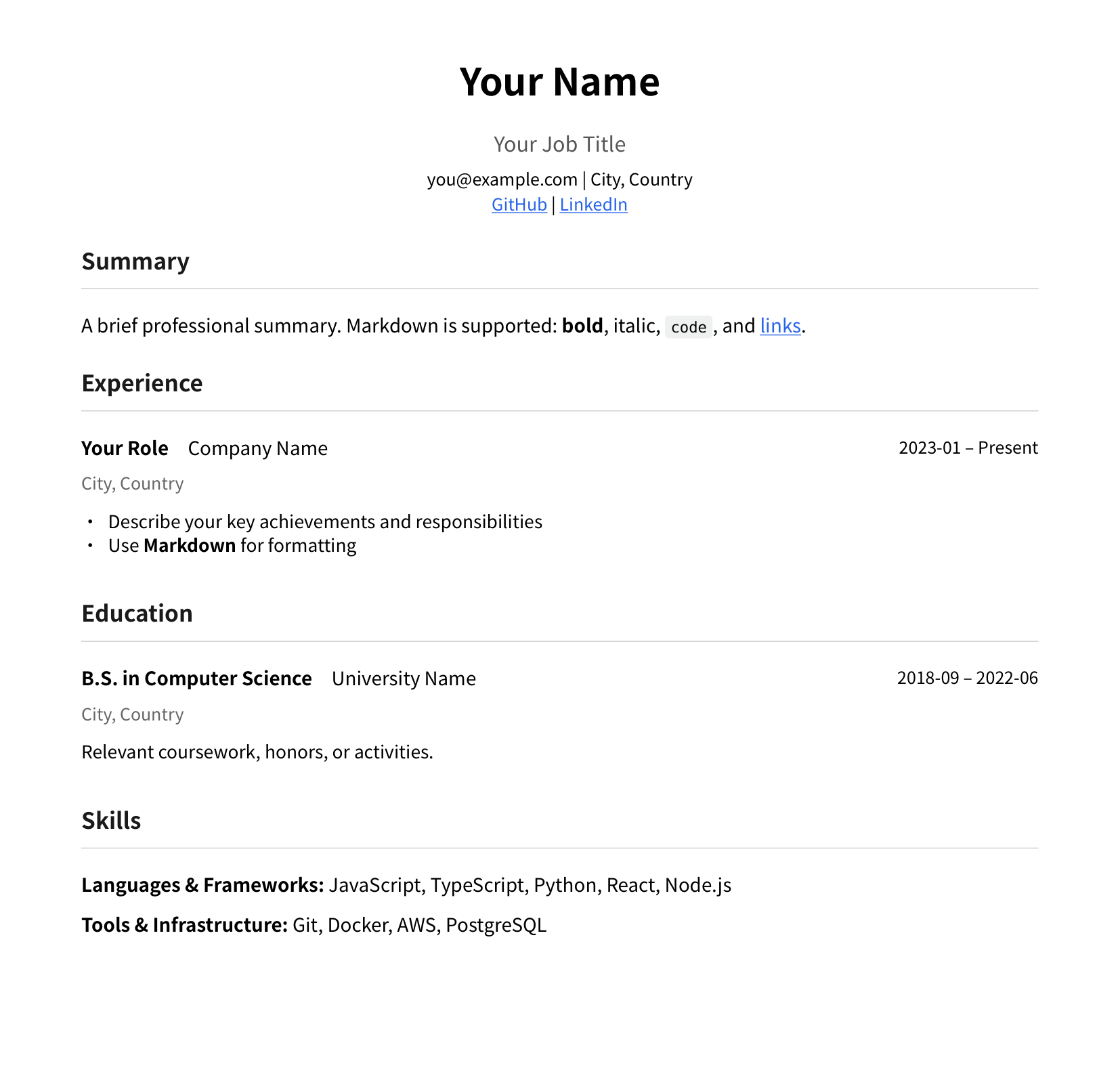 A professional resume PDF generated by GitResume showing work experience, education, and skills sections