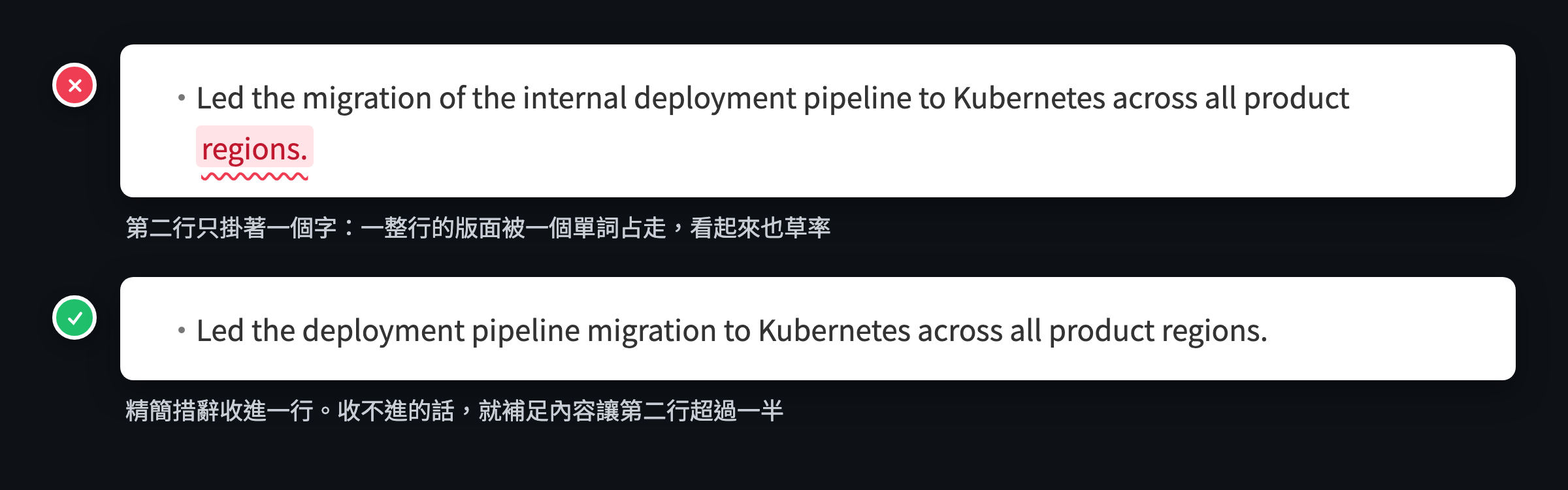 換行示意：第二行只剩 regions. 一個單詞的 bullet 被打叉；改寫收進一行的版本打勾