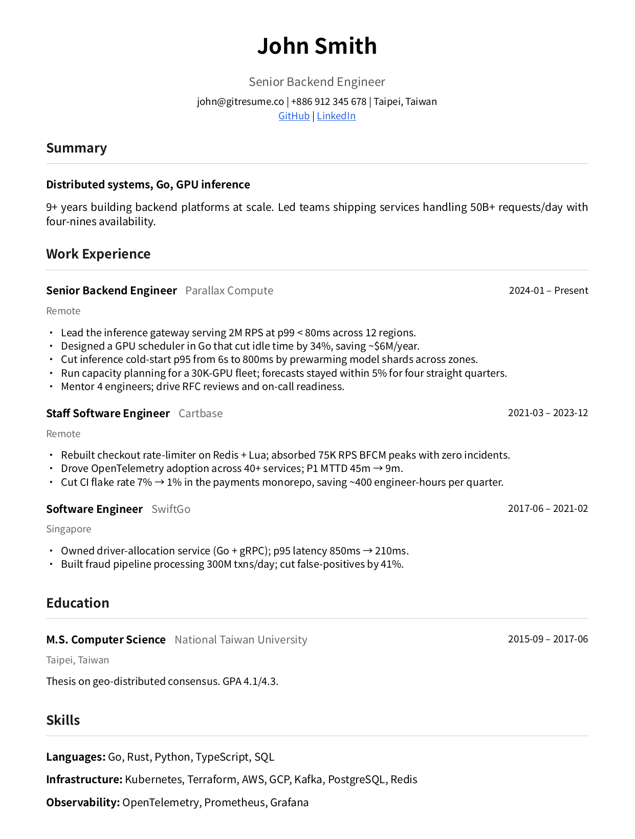 A resume PDF built from the GitResume template: single-column layout with Summary, Work Experience, Education, and Skills sections