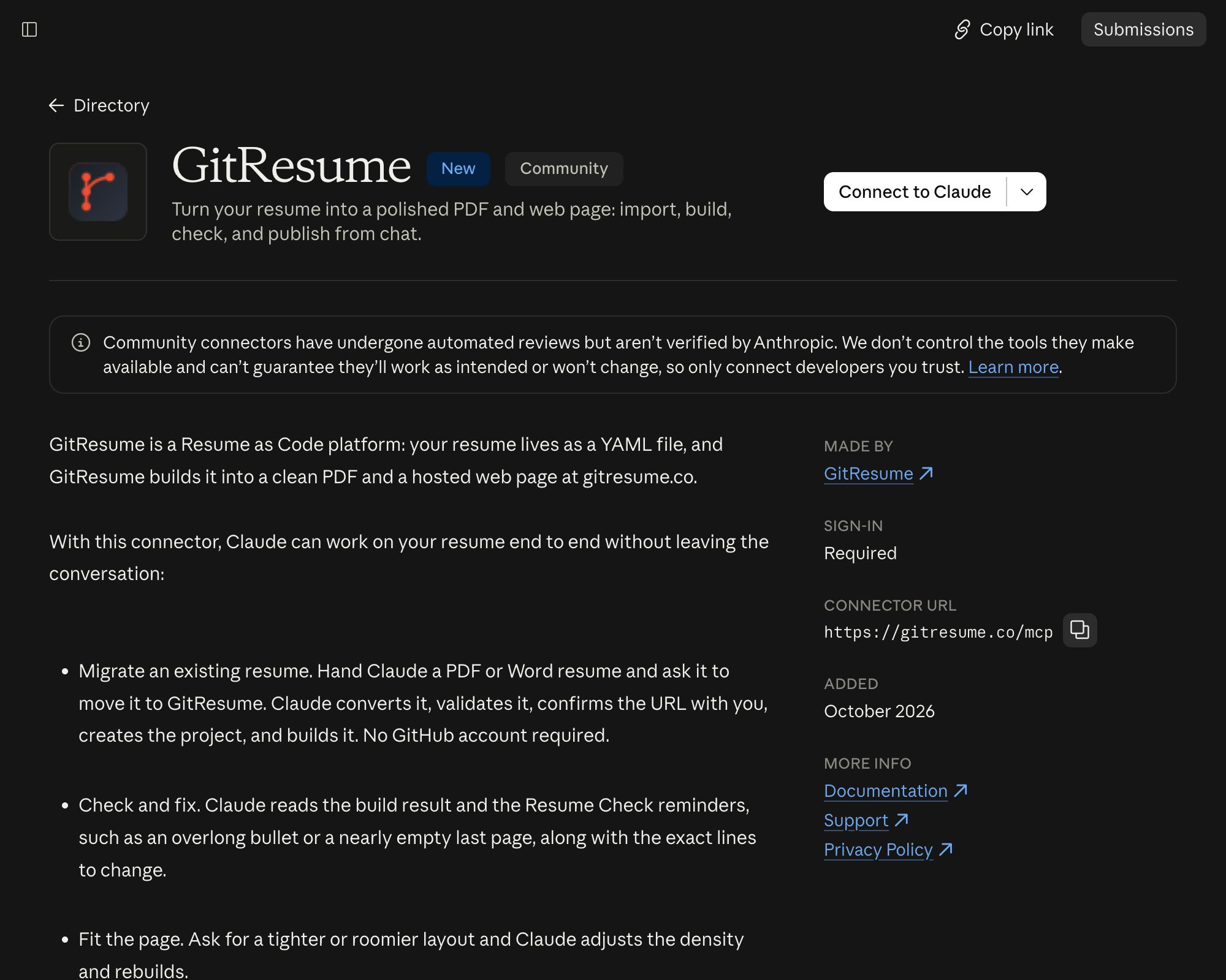 The GitResume page in Claude's connector directory, with a Connect to Claude button on the right
