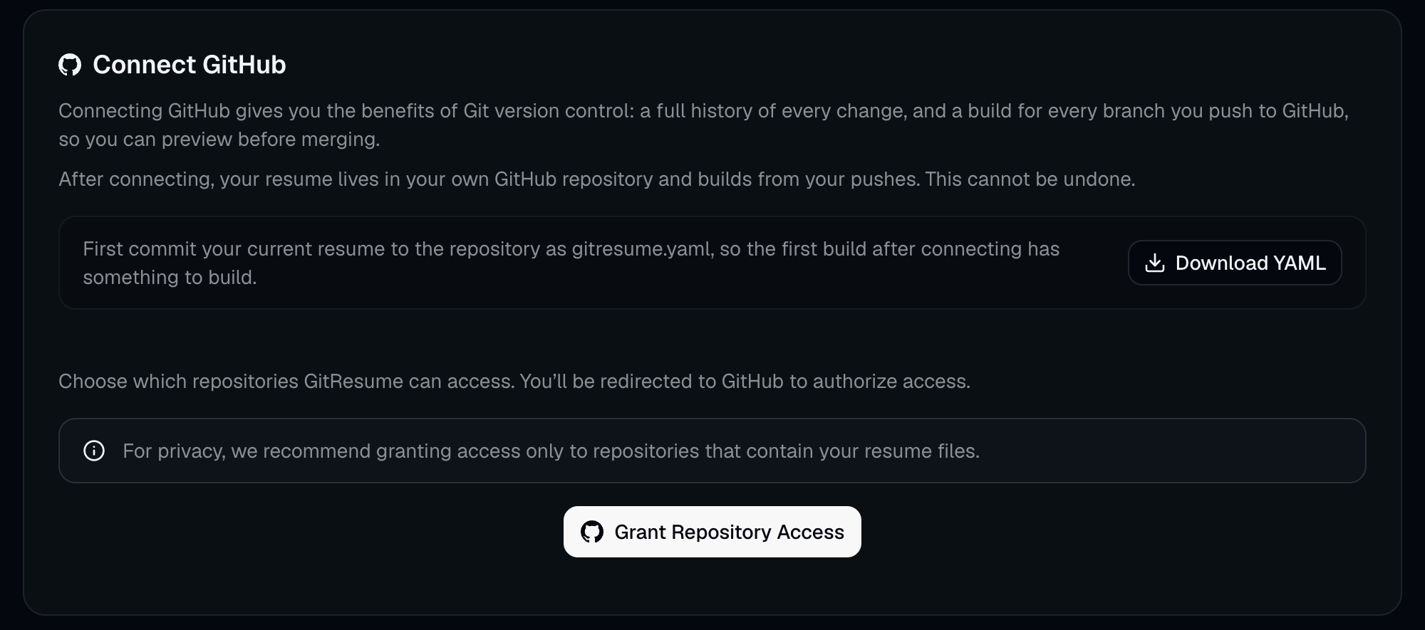 The Connect GitHub section on the project settings page, explaining that once connected your resume lives in your own GitHub repository and builds on push, with a Download YAML button to commit your current resume first and a Grant Repository Access button below