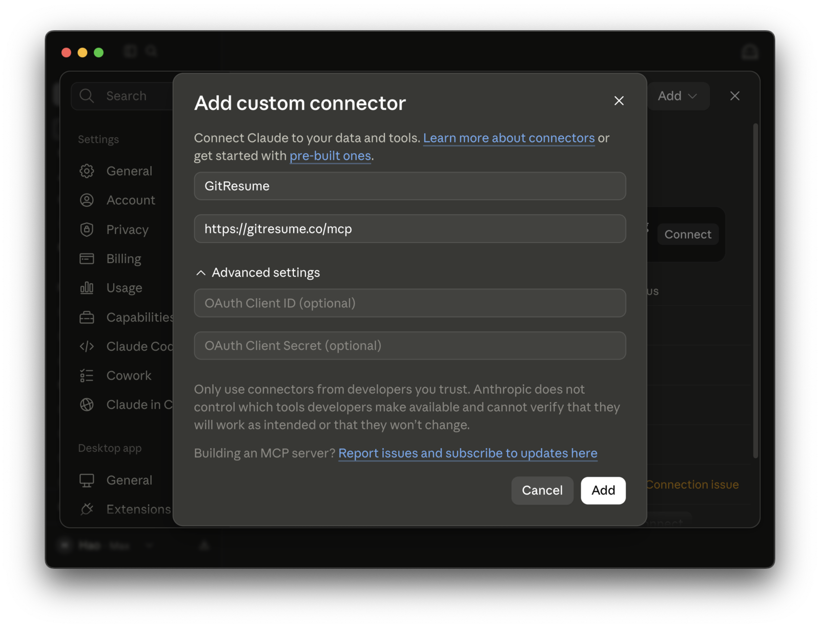 Claude's Add custom connector dialog with GitResume as the name, https://gitresume.co/mcp as the server URL, and both OAuth fields under Advanced settings left empty