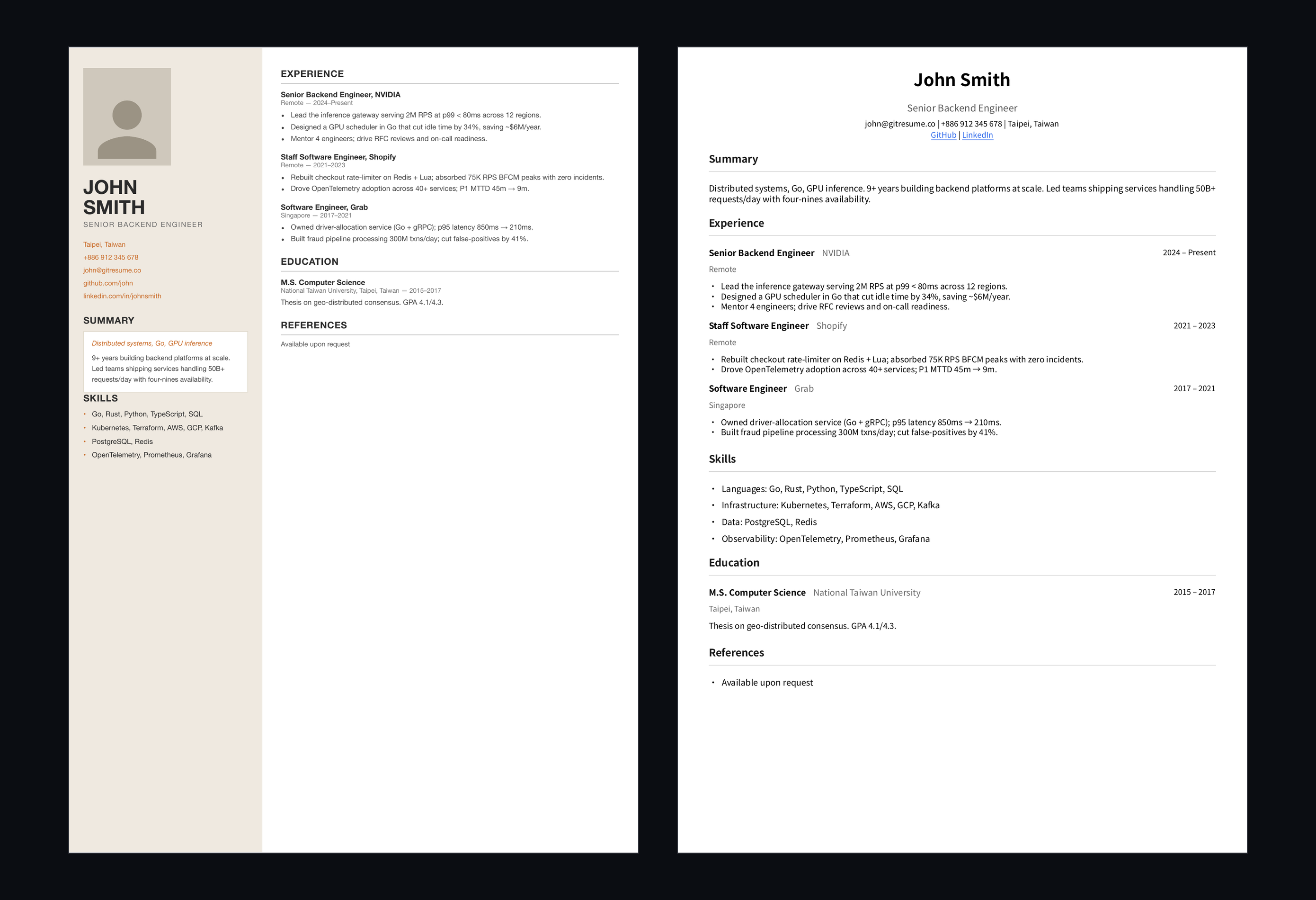 Before and after the migration. On the left, the original two-column PDF resume; on the right, the single-column resume GitResume built