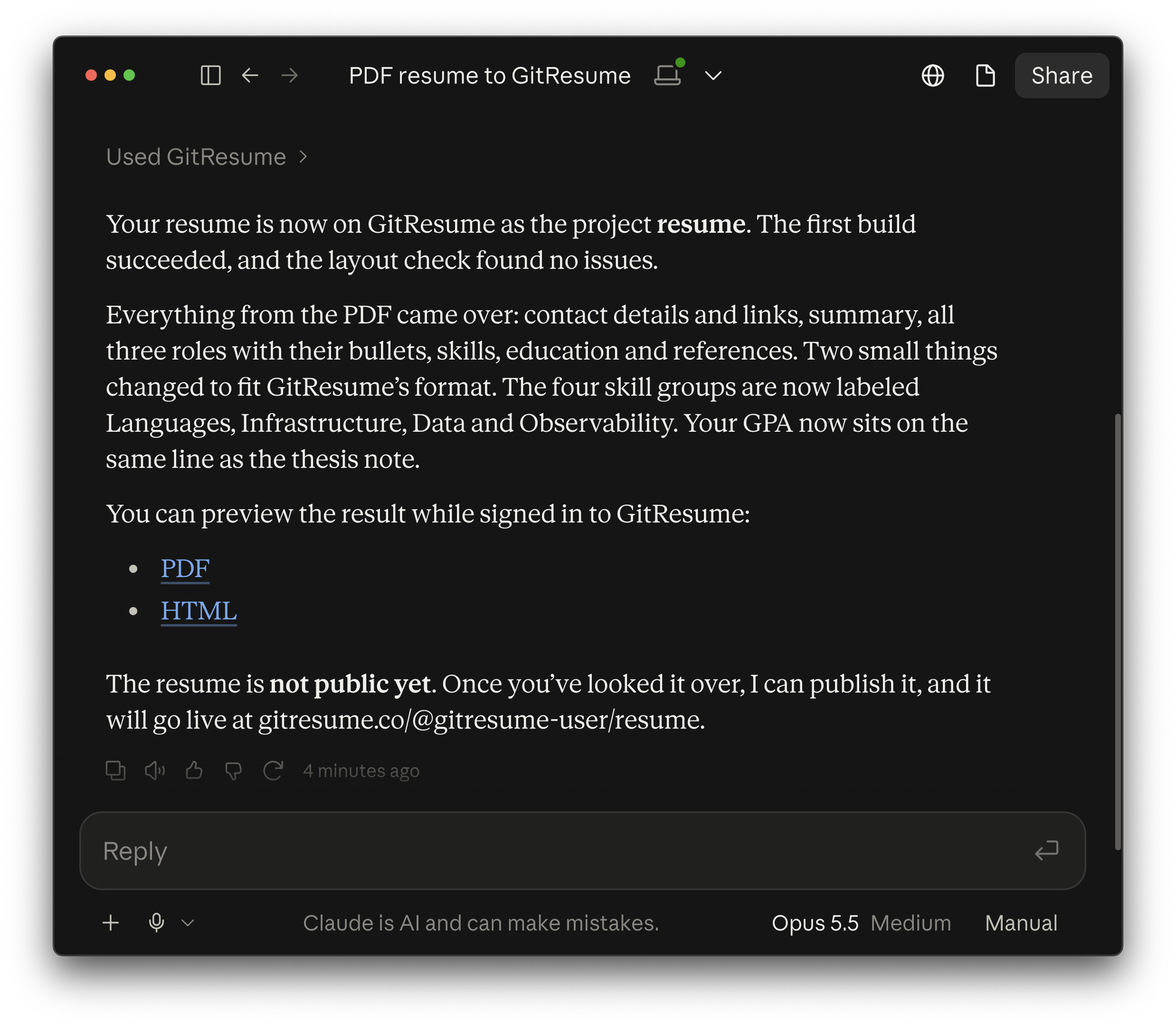Claude reports the migration is done: the first build succeeded, the layout check found no issues, with PDF and HTML preview links and a note that the resume is not public yet