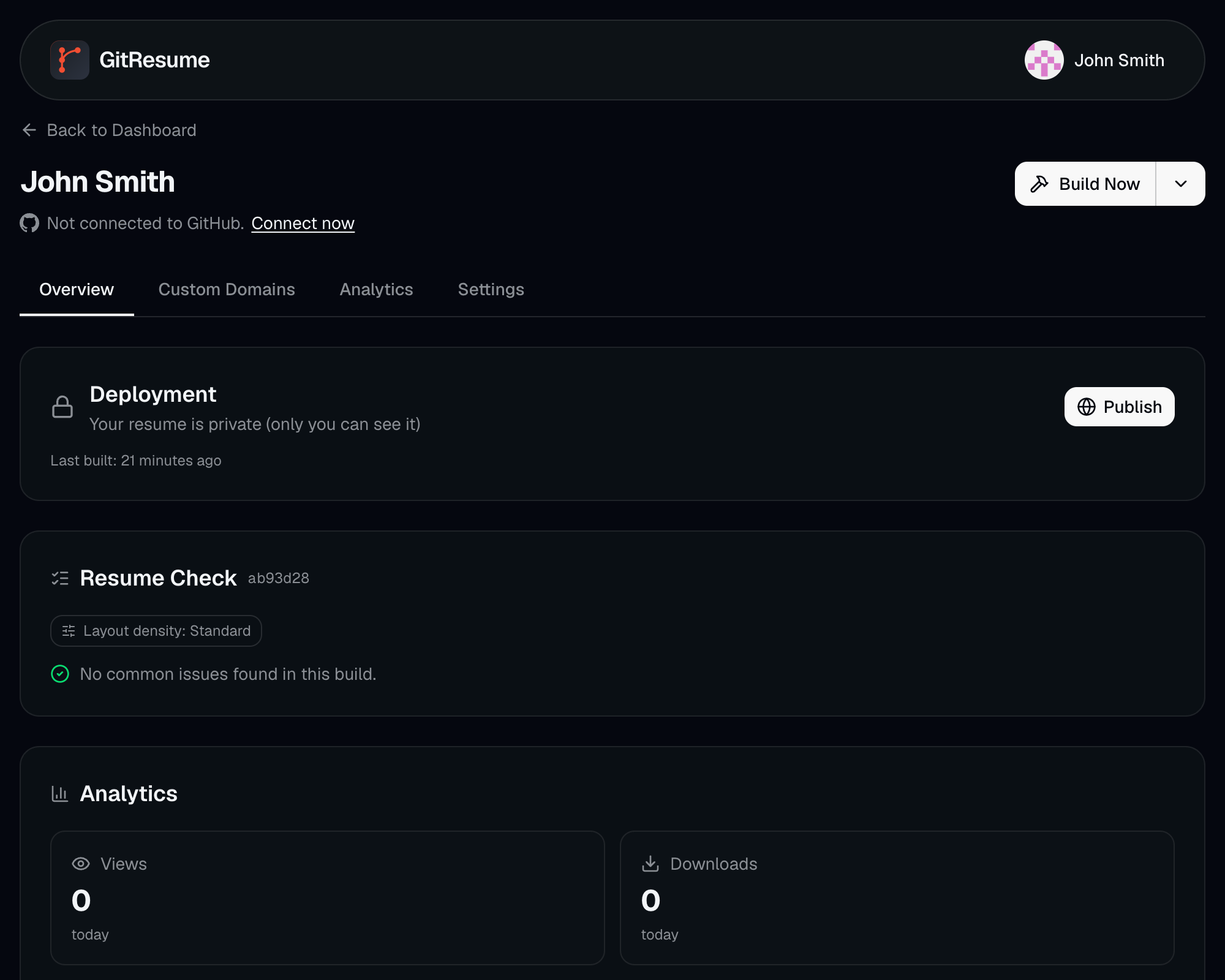 The GitResume project page after migration, marked Not connected to GitHub, with the resume currently private and a Publish button
