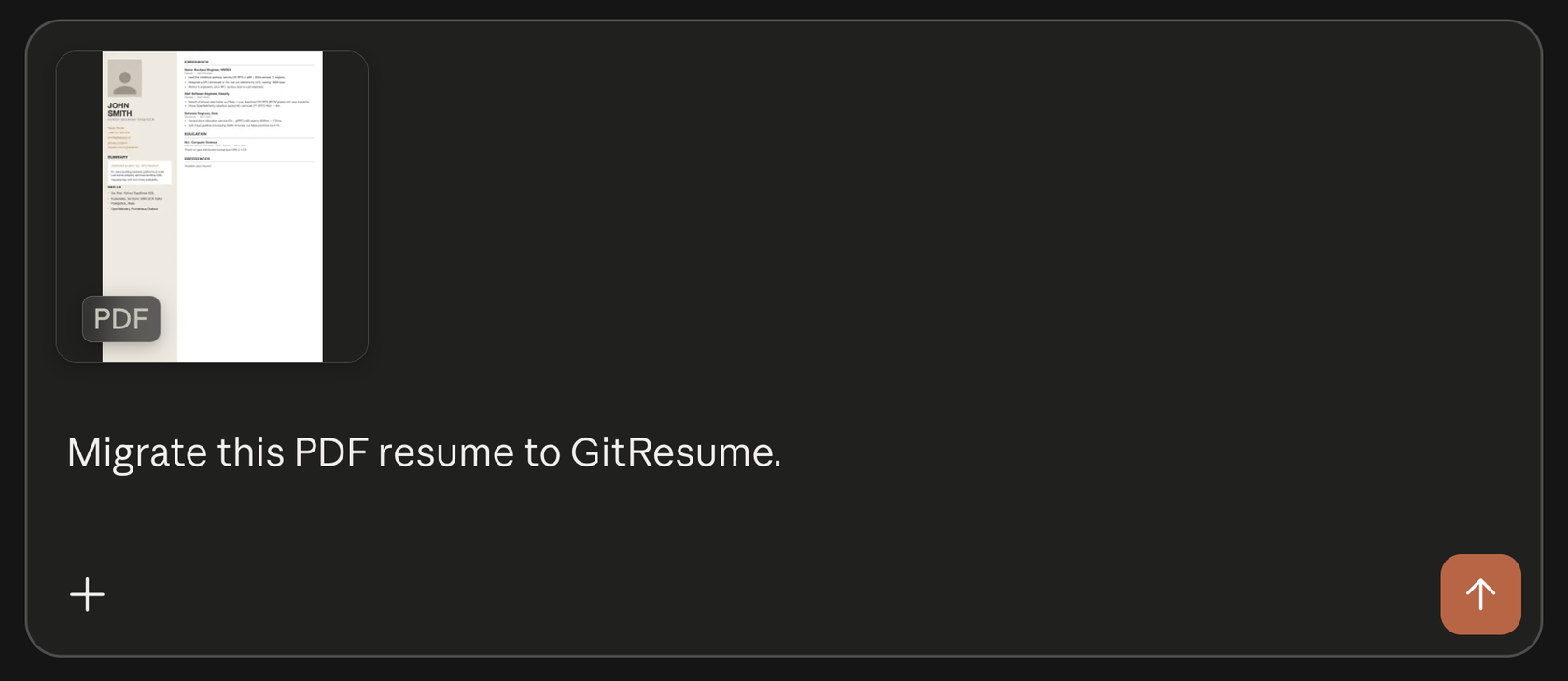 Claude's message box with a PDF resume attached and the message Migrate this PDF resume to GitResume.
